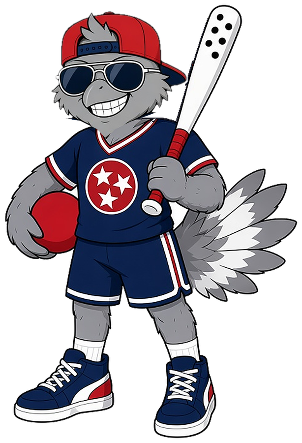 Mojo the mockingbird with a bat on his shoulder